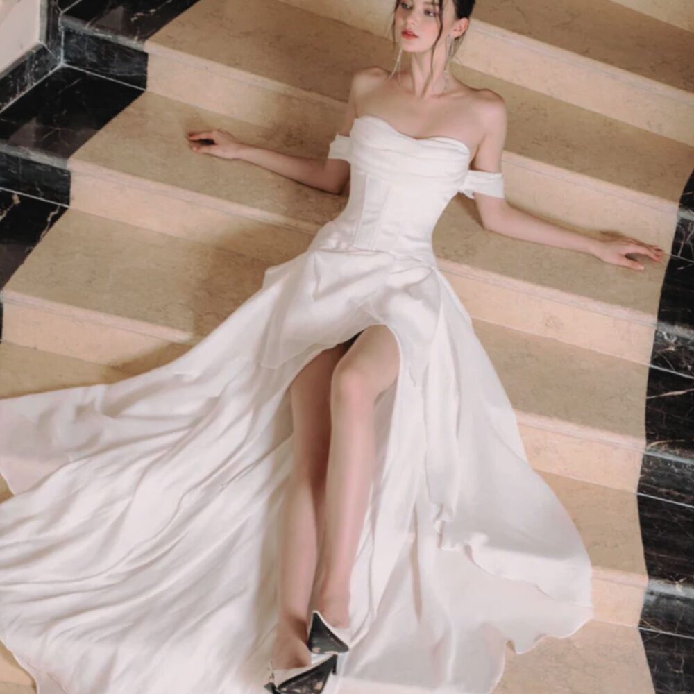 White Satin Off-Shoulder High-Slit Gown "Moonlit Elegance" DR661