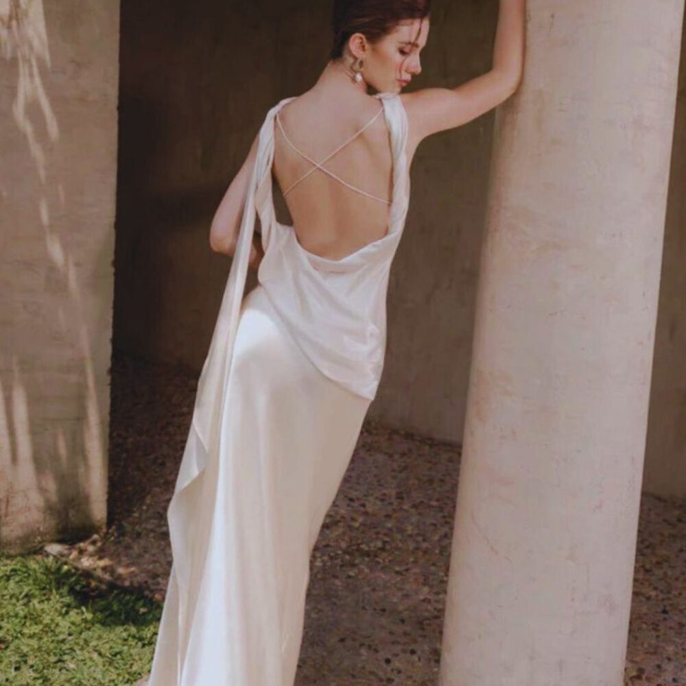 Ivory Satin One-Shoulder Mini Dress "Ocean Rose" DR111