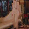 Taupe Velvet Draped Halter Jumpsuit "Velvet Whisper" JR309