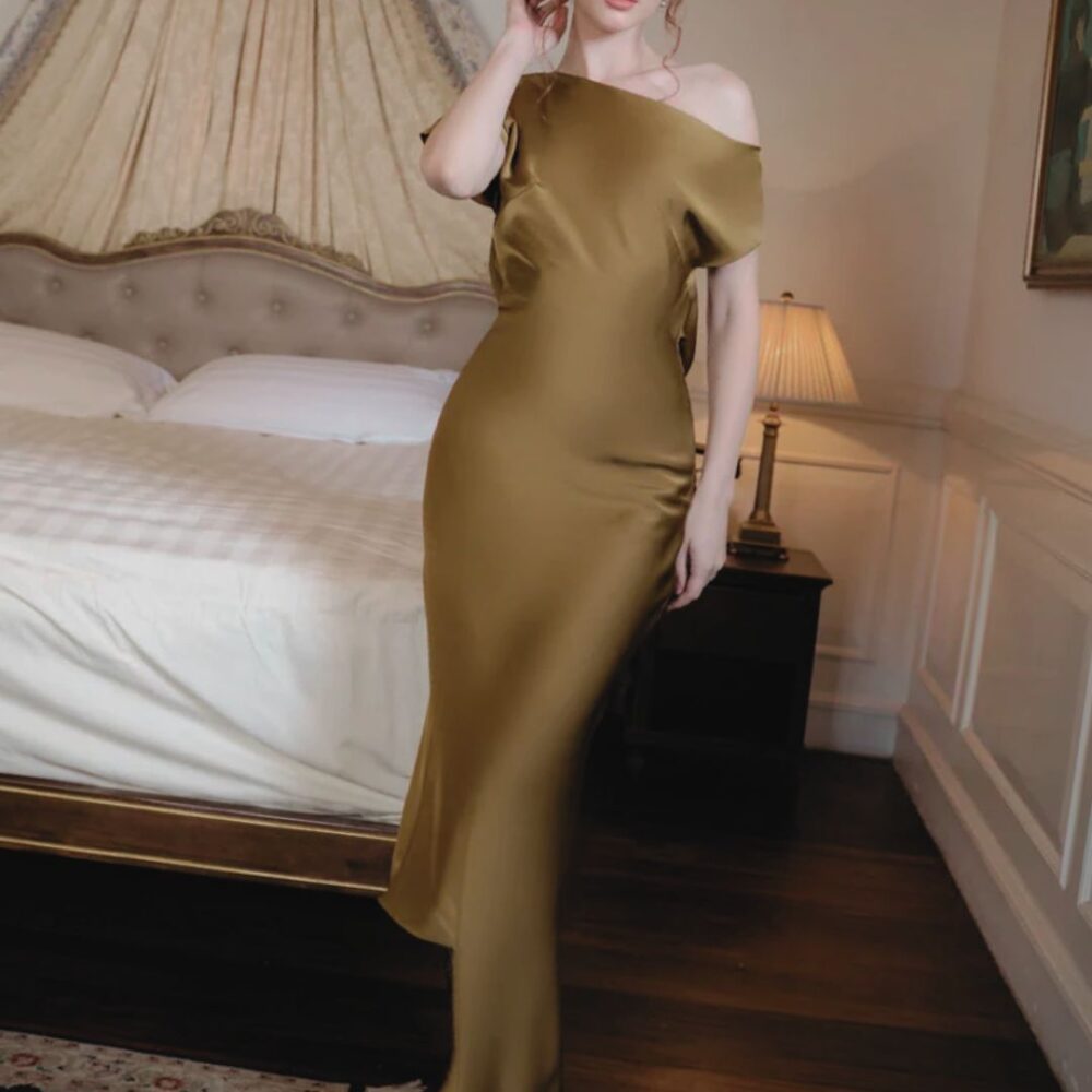Golden Satin Off-Shoulder Gown "Sunset Glow" DR763