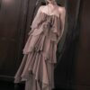 Taupe Strapless Ruffle Layered Gown "Whisper Cascade" DR178