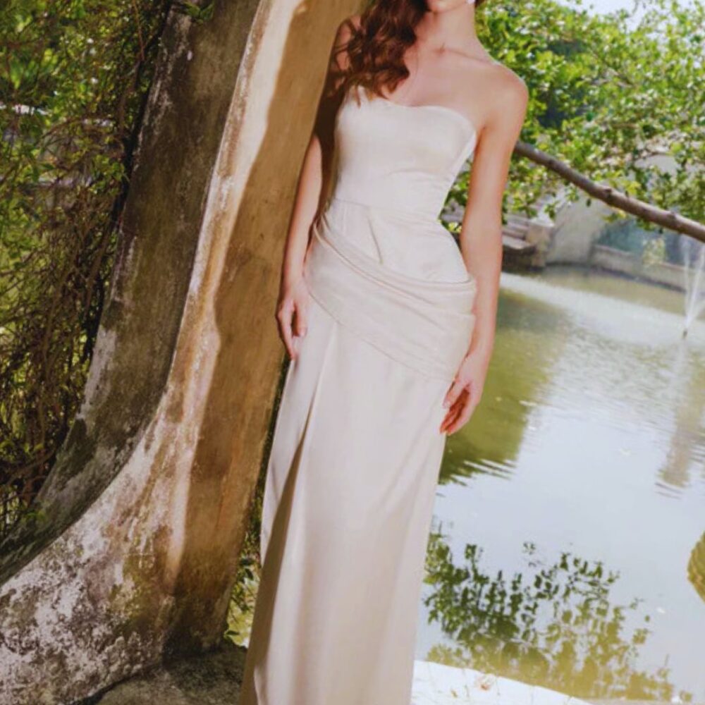Ivory Strapless Draped Satin Evening Gown "Elysian Grace" DR572